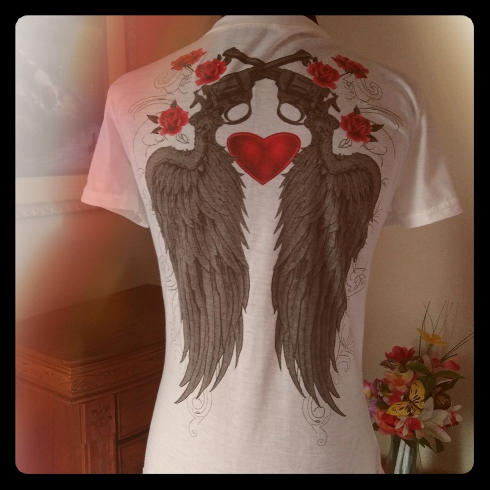 Women's White V-Neck Angel Wing Gun Tee